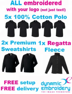 workwear bundles 5 embroidered polo shirts 2 embroidered sweatshirts, 1 personalised fleece