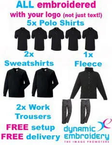 workwear bundles 5 embroidered polo shirts 2 embroidered sweatshirts, 1 personalised fleece, 2 work trousers